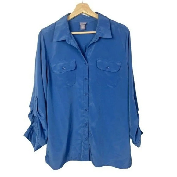 Laura Scott Blue Collar Long Sleeve Button Down L - Picture 1 of 3